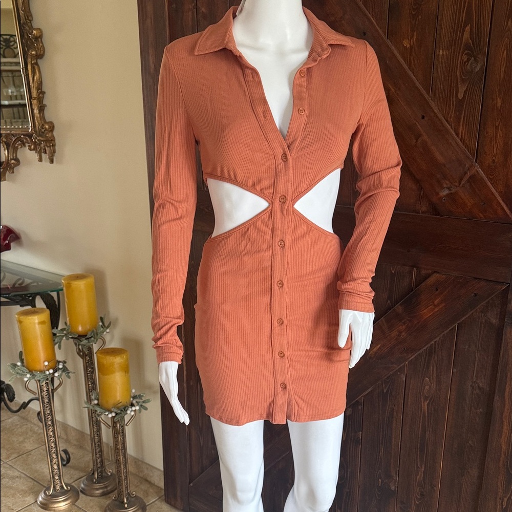 Better Be Rust Orange Ribbed Cutout Button-Front Mini Dress